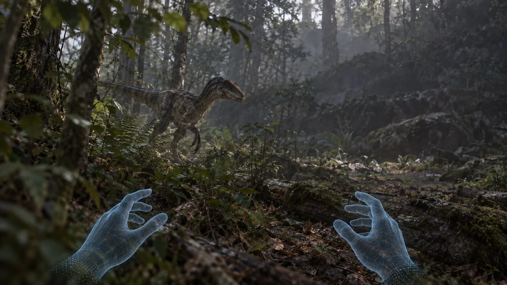 Experiencia de realidad virtual en primera persona dentro de un bosque prehistórico, frente a un dinosaurio